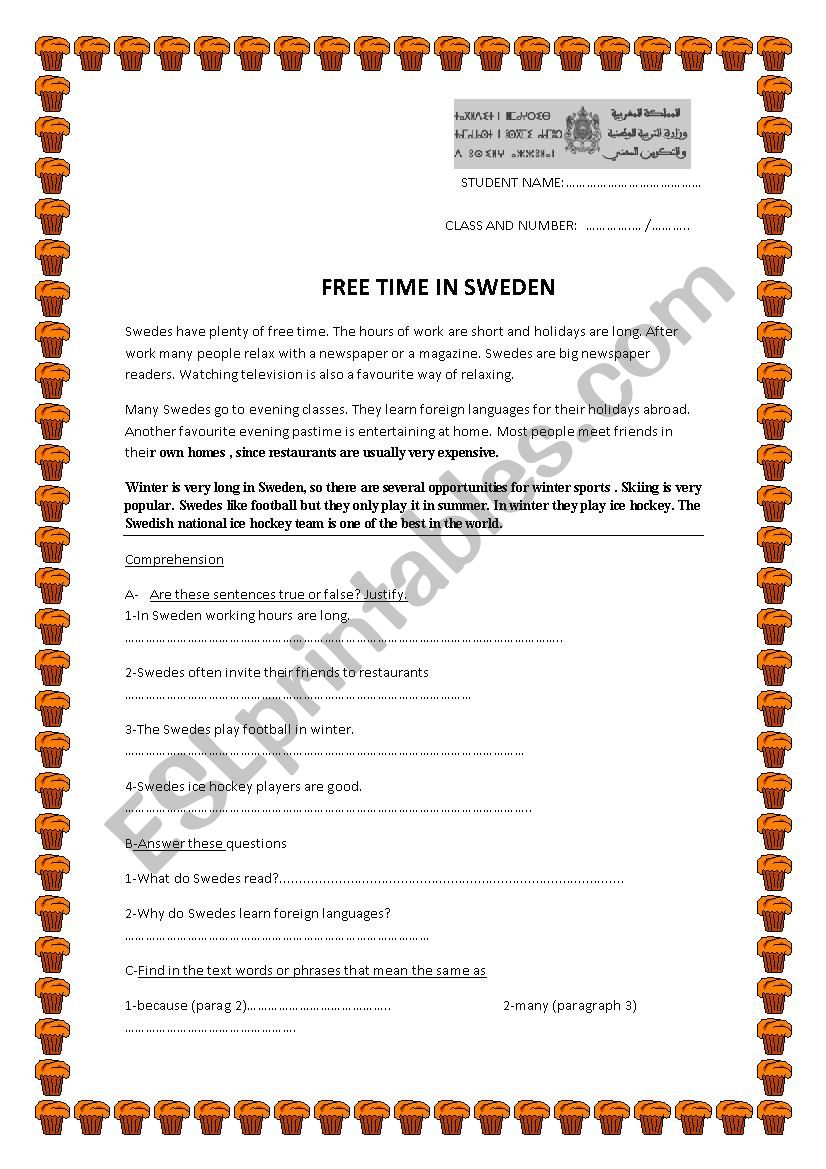 free time in Sweden  worksheet