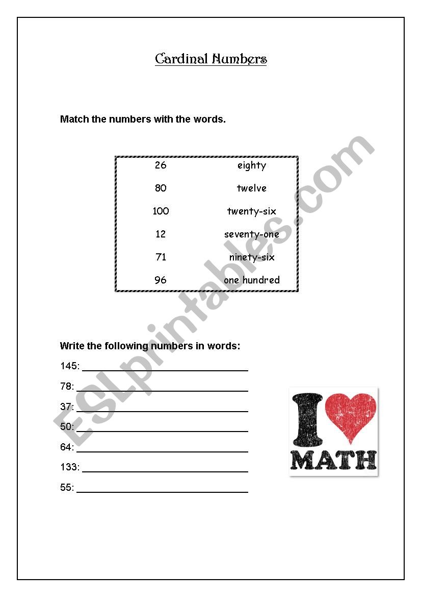 Cardinal Numbers worksheet