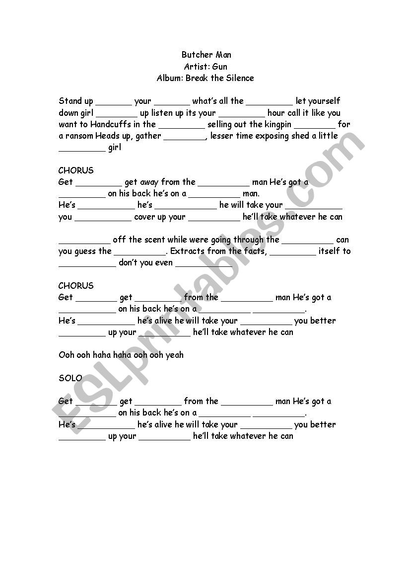 Butchers man song (Gun) worksheet