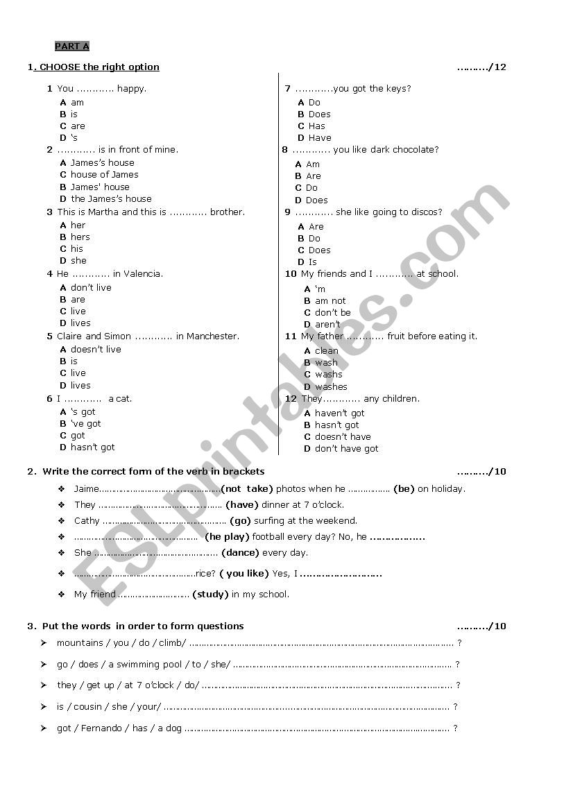 Grammar Test A1-A2  - Present Simple