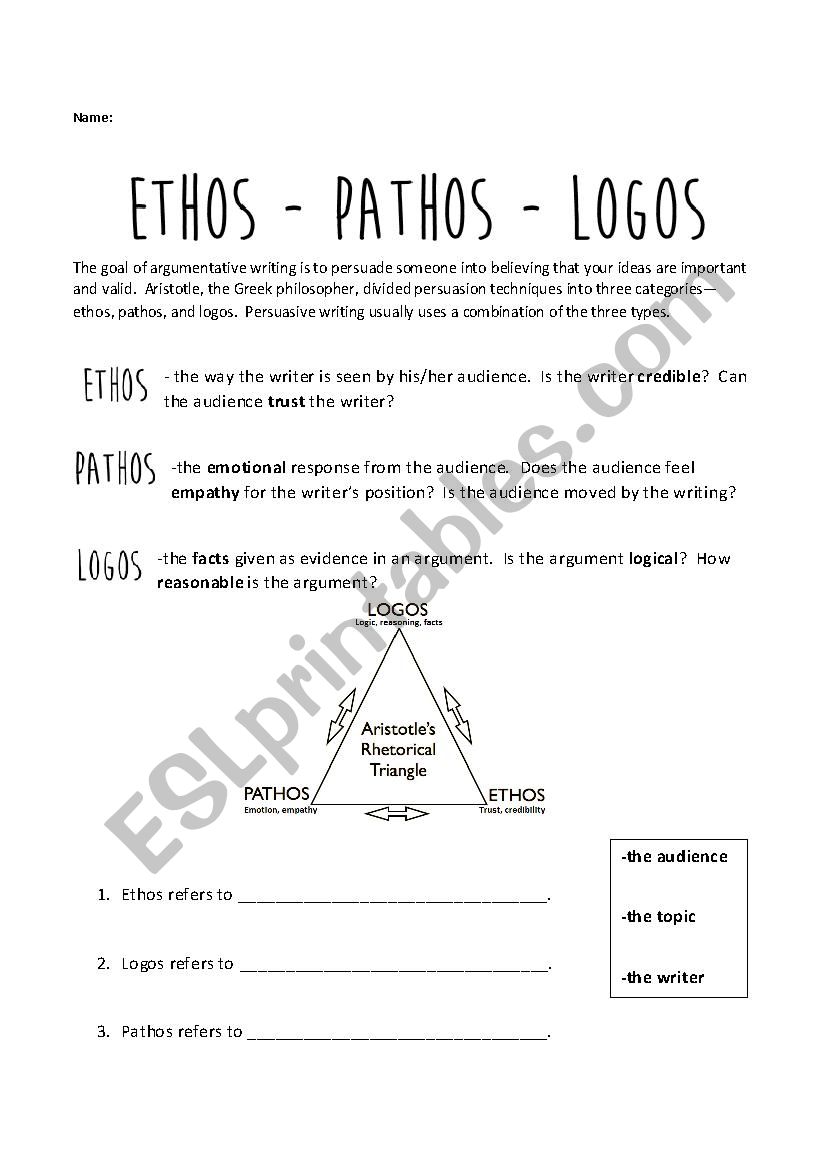 ethos pathos logos - ESL worksheet by jess-ica For Ethos Pathos Logos Worksheet Answers