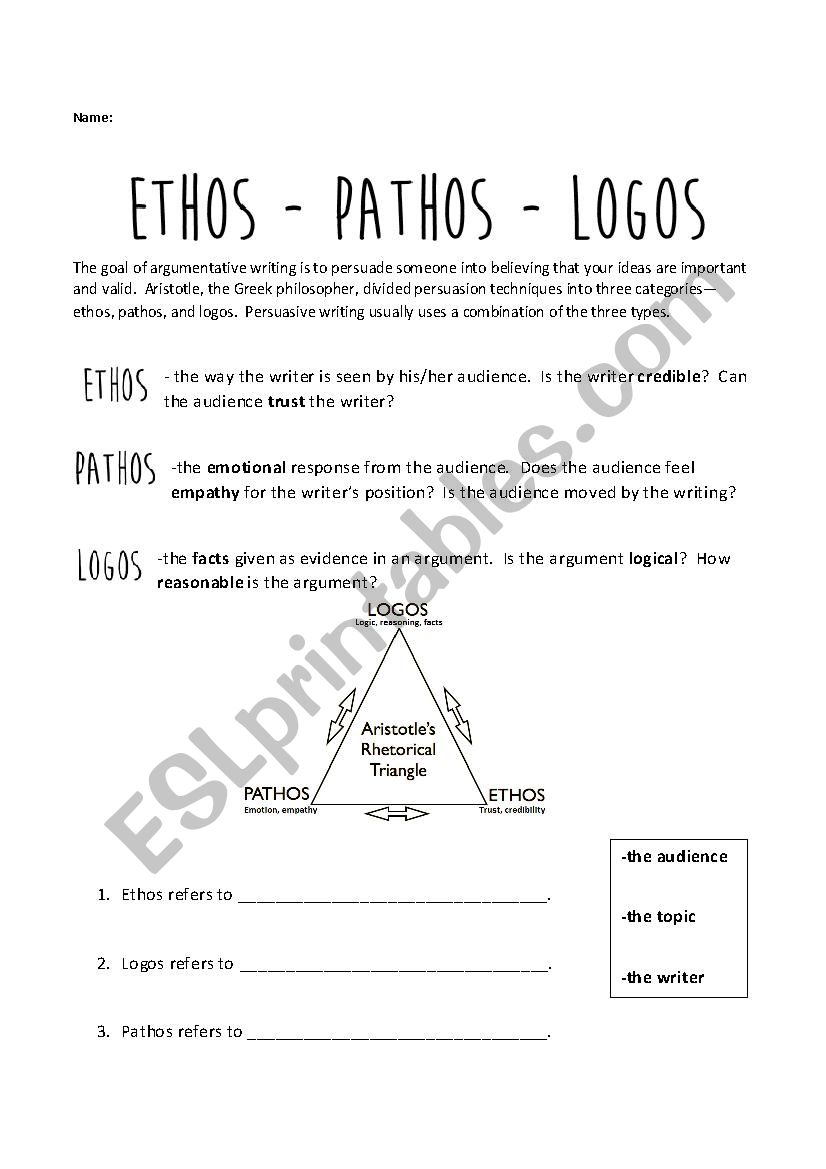 ethos pathos logos - ESL worksheet by  jess-ica Within Ethos Pathos Logos Worksheet