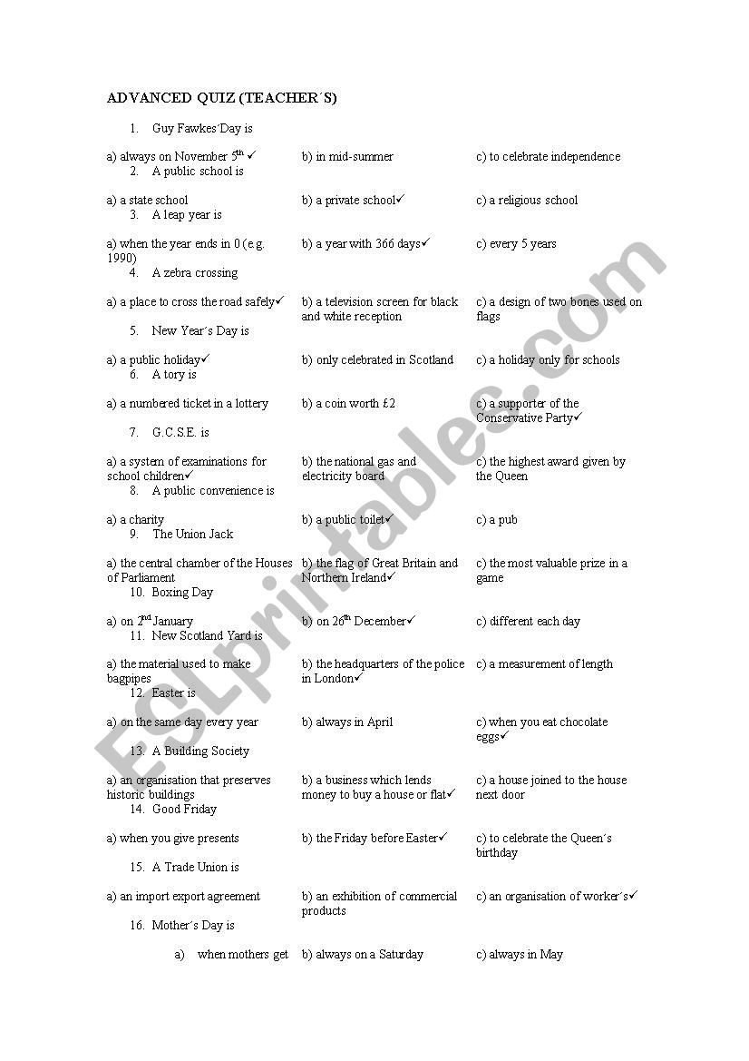 Advanced culture quiz worksheet