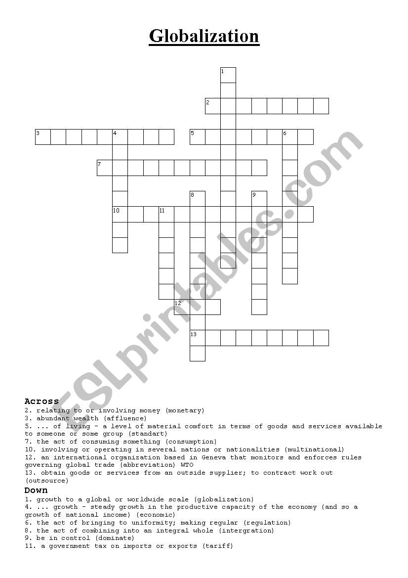 Globalization Crossword Vocabulary task