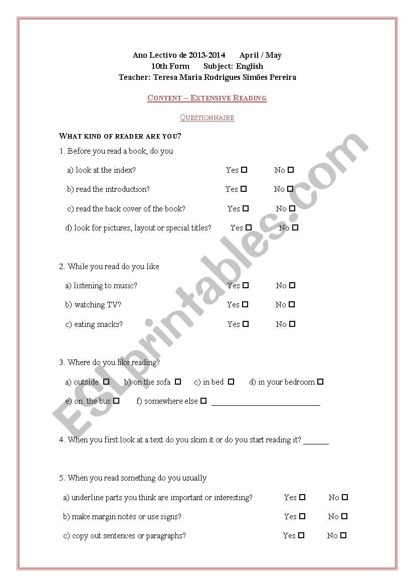 Extensive reading questionnaire