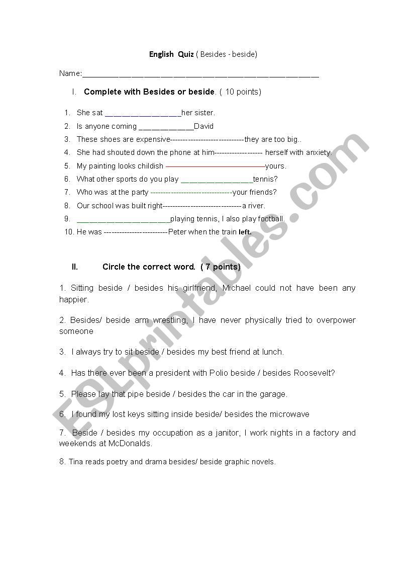 TEST BESIDE/BESIDES worksheet