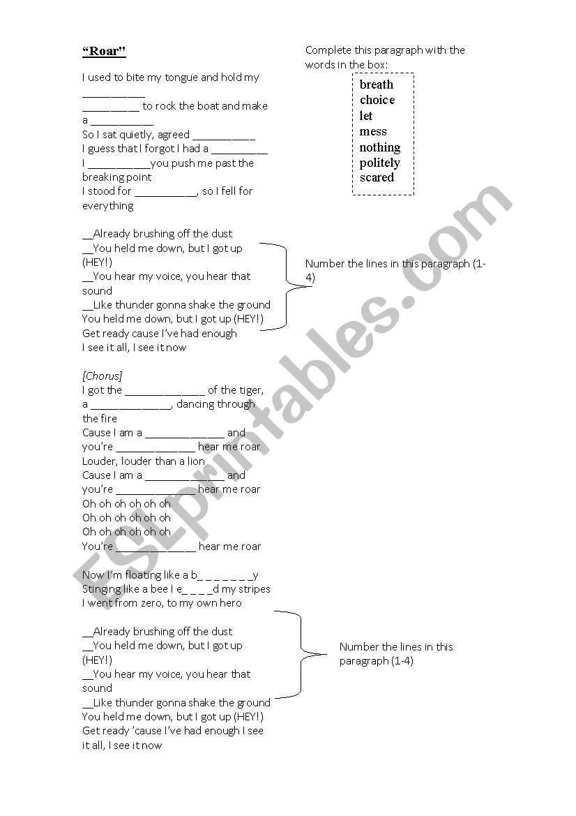 Roar, by Kay Perry worksheet