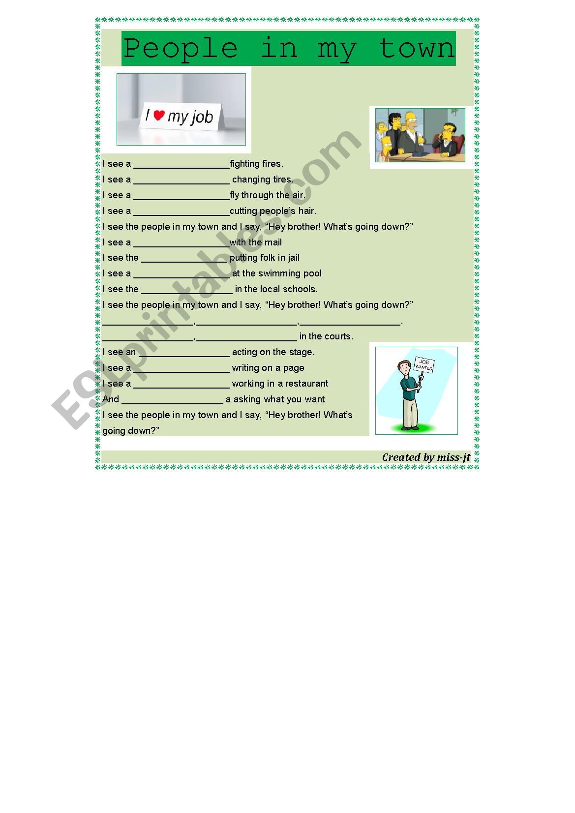 I see the people in my town (song worksheet to practise jobs)