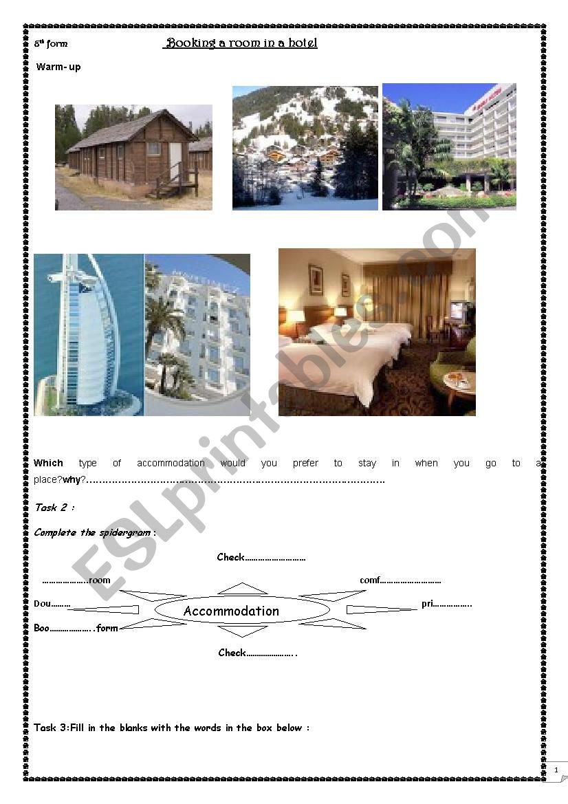 hotels and reservation worksheet