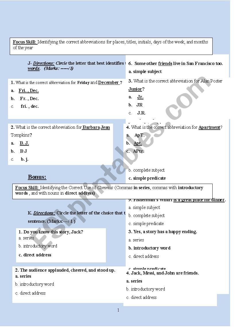 5th form grammar exam (abbreviations/commas/ punctuation marks)with answer key