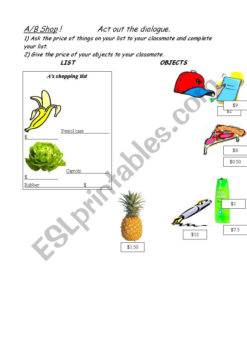 Shopping list worksheet