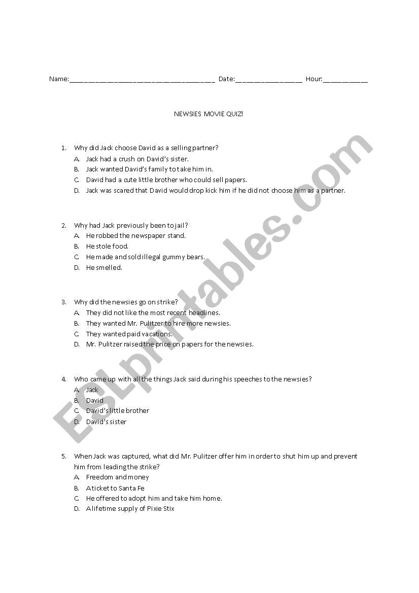 Newsies Movie Quiz worksheet