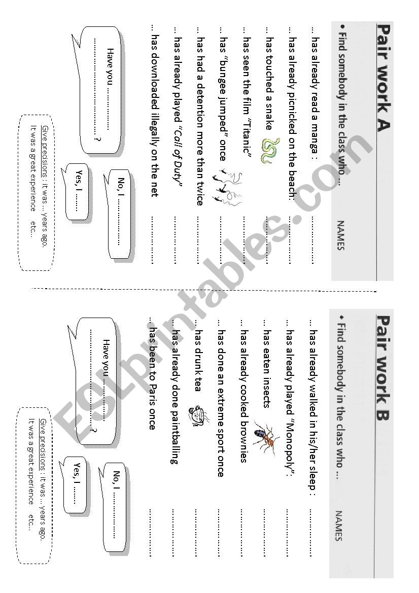 CLASS EXPERIENCES worksheet