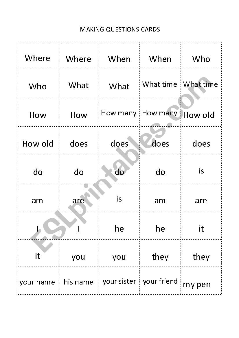 Making questions cards worksheet