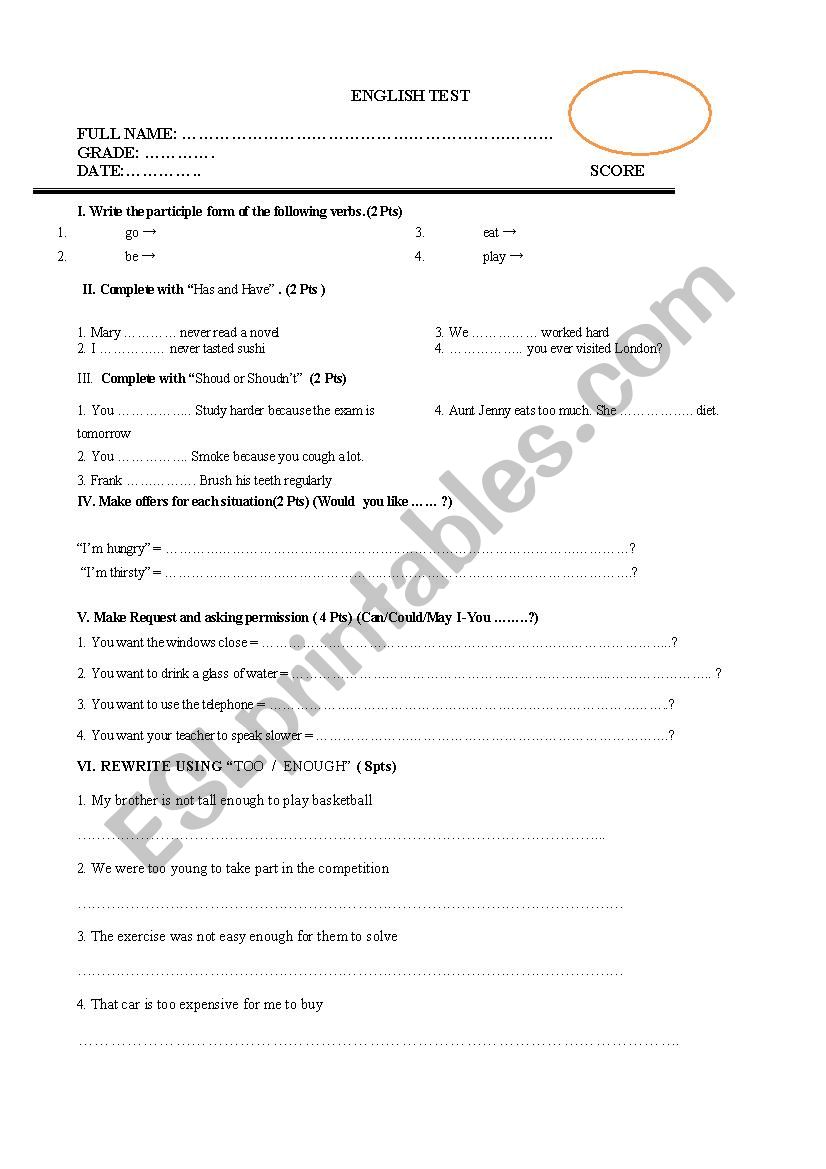 English test worksheet
