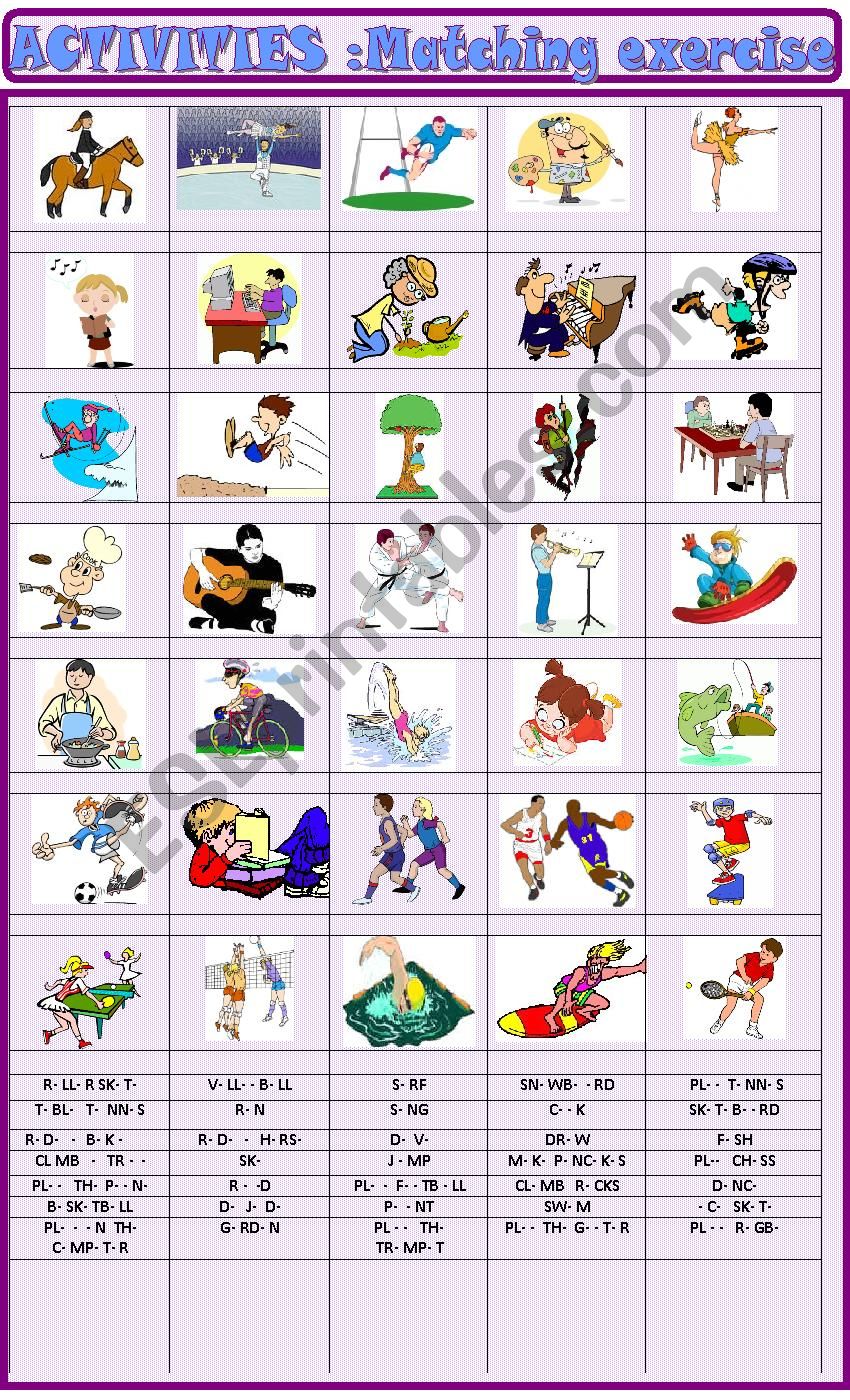 Free time activities  :vowel missing and matching exercise