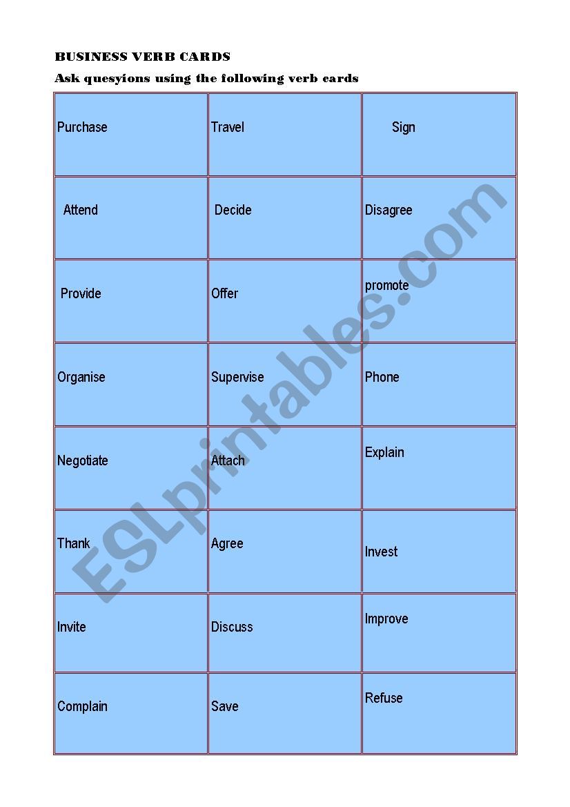 business verb cards worksheet