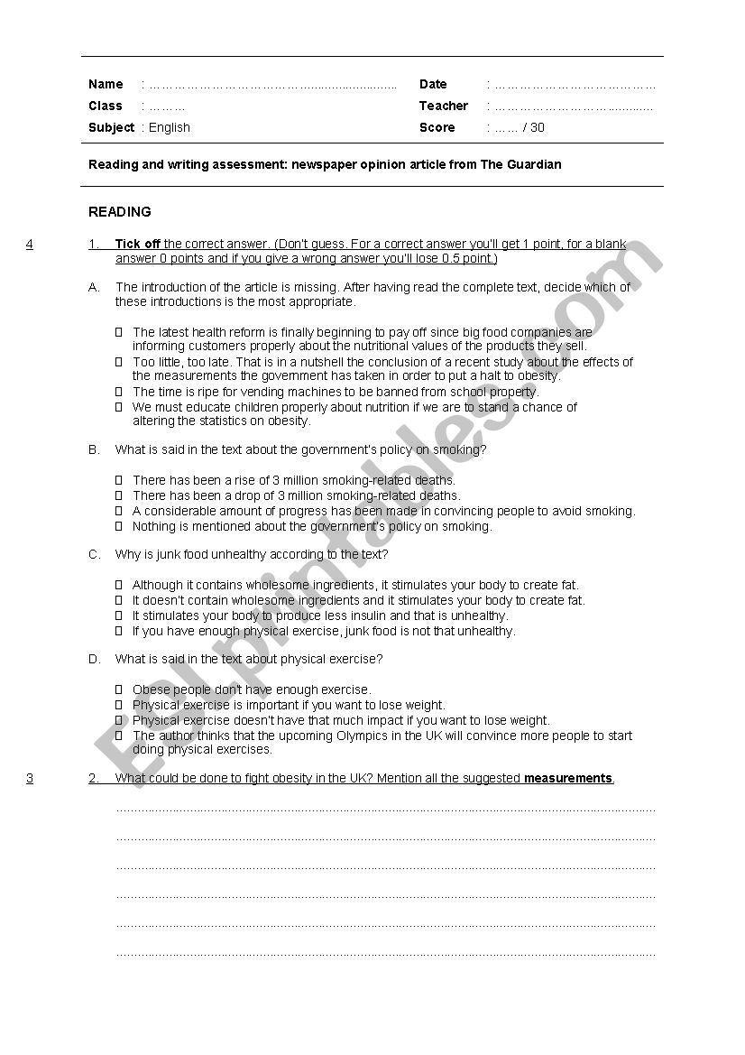 Reading & writing - Newspaper essay about food policy