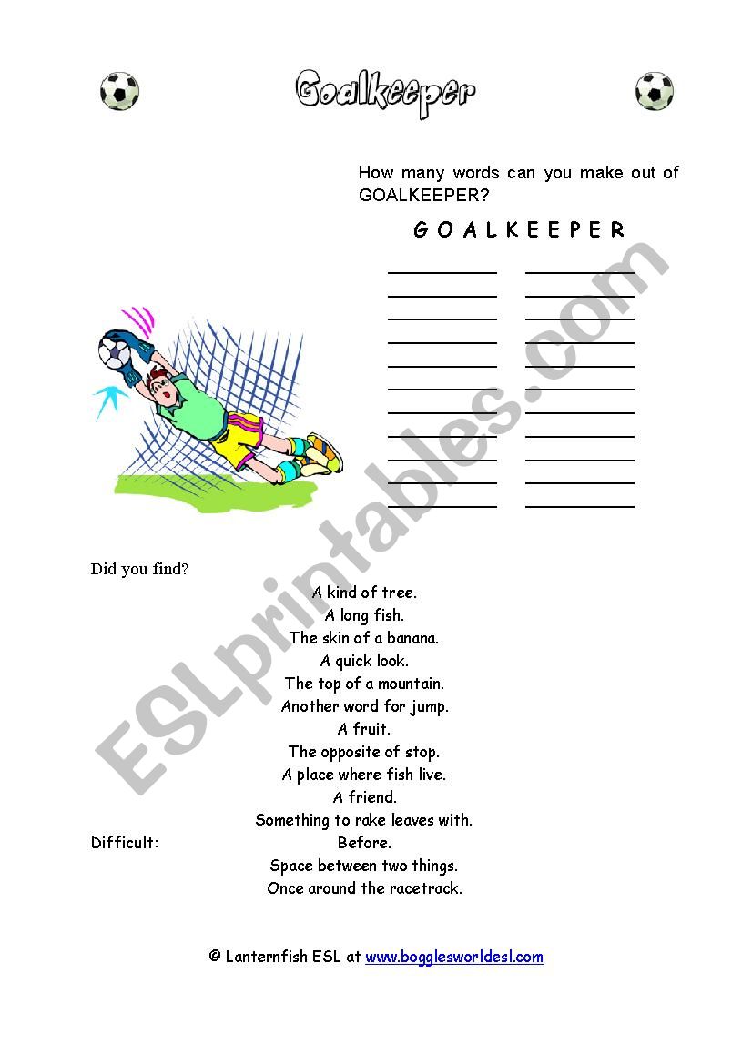 goal keeper worksheet