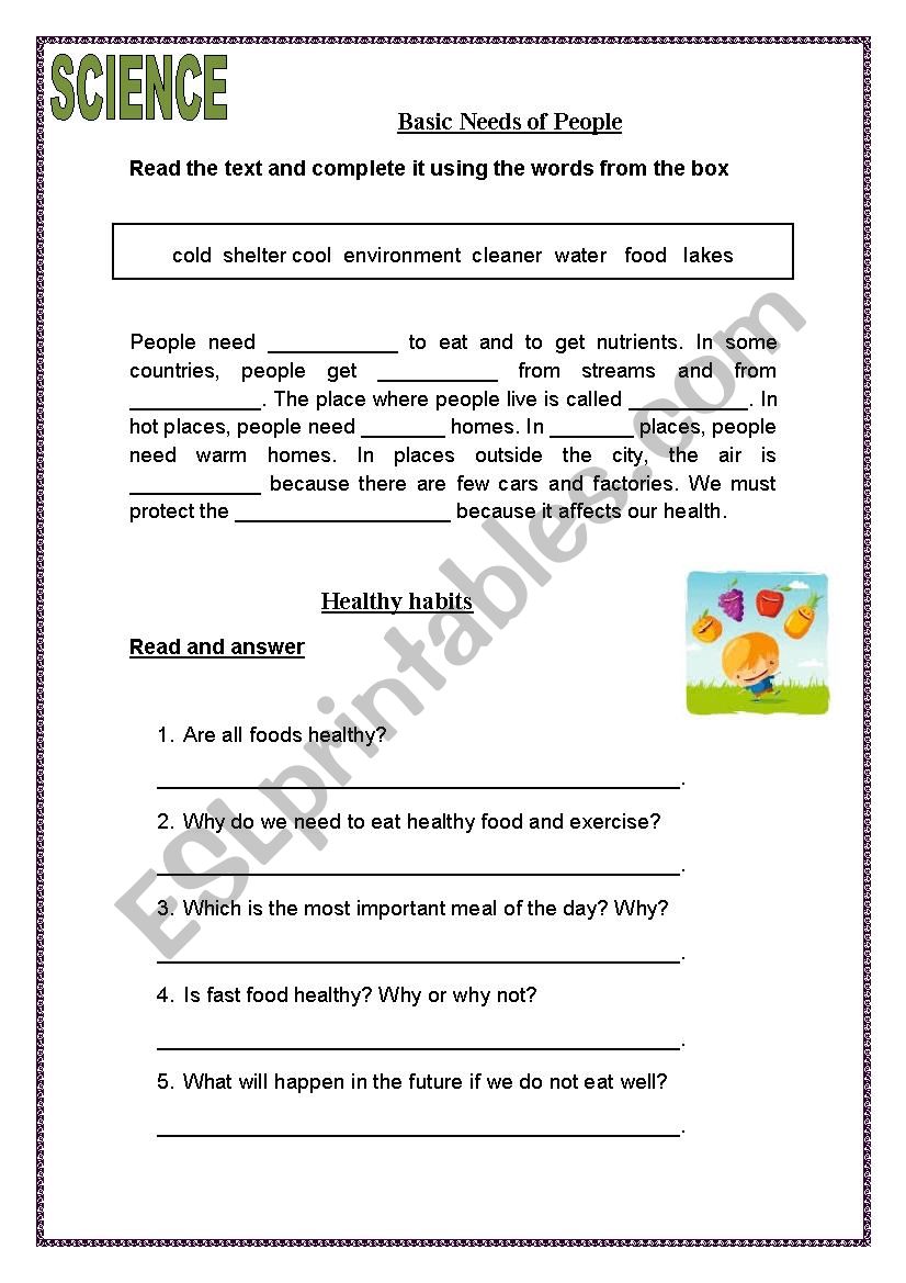 Basic Needs Healthy Habits worksheet