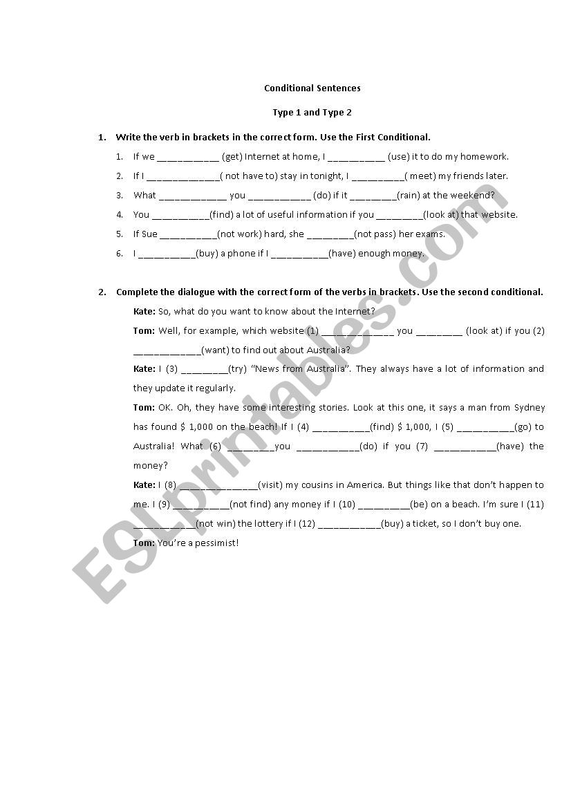 Conditional sentences Type 1 and 2