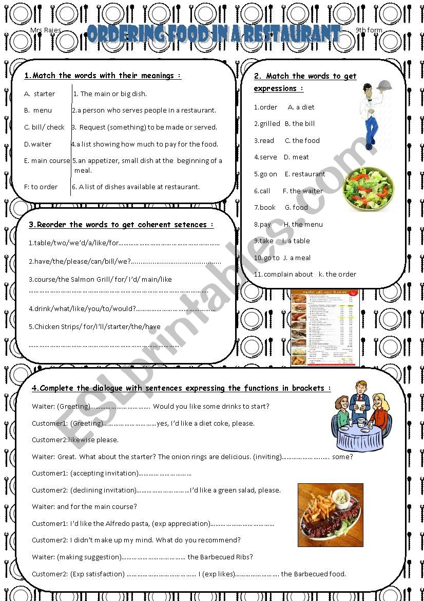 Ordering food in a restaurant worksheet