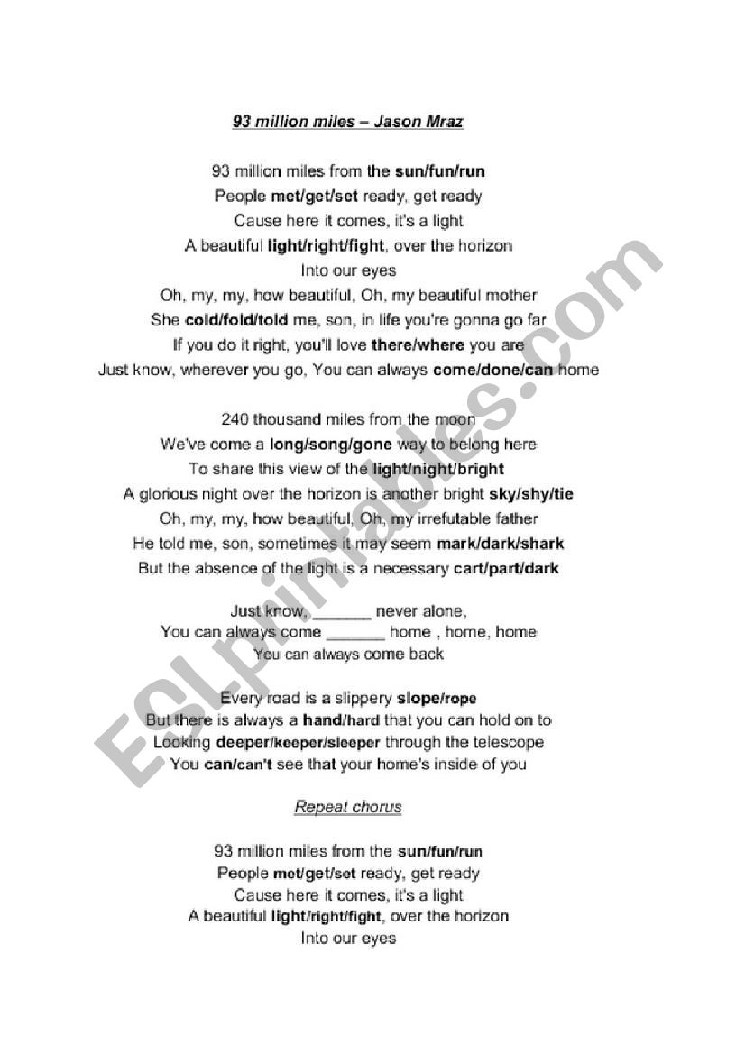 93 million song Worksheet worksheet
