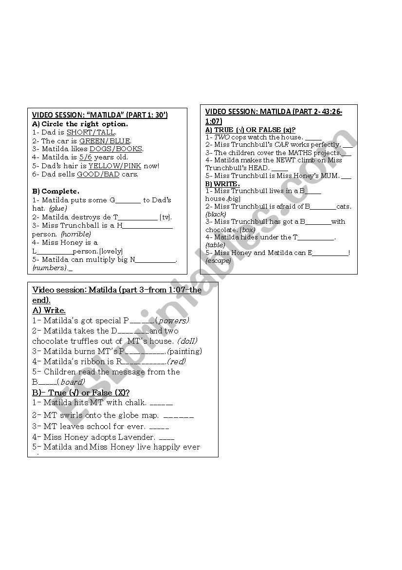 Matilda worksheet