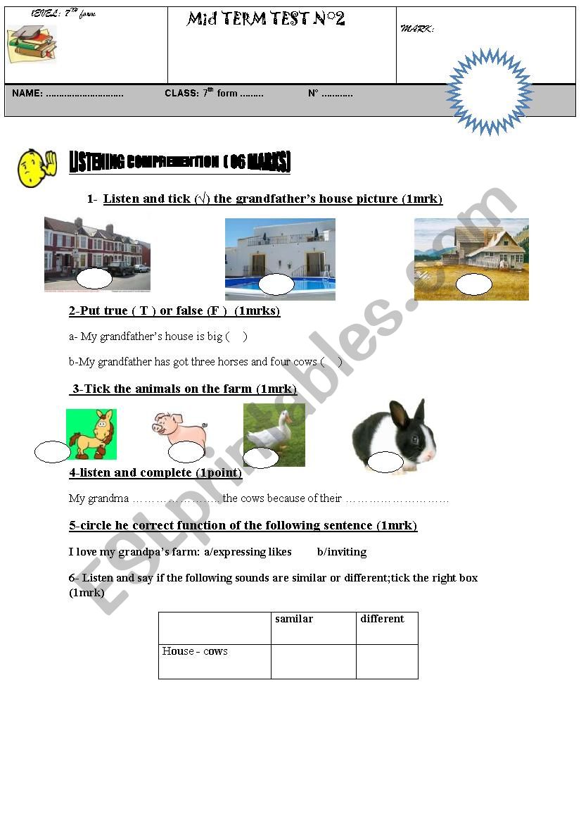 7th form mid term test worksheet