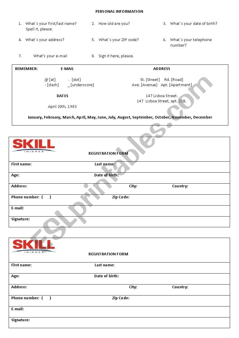 Personal Information worksheet