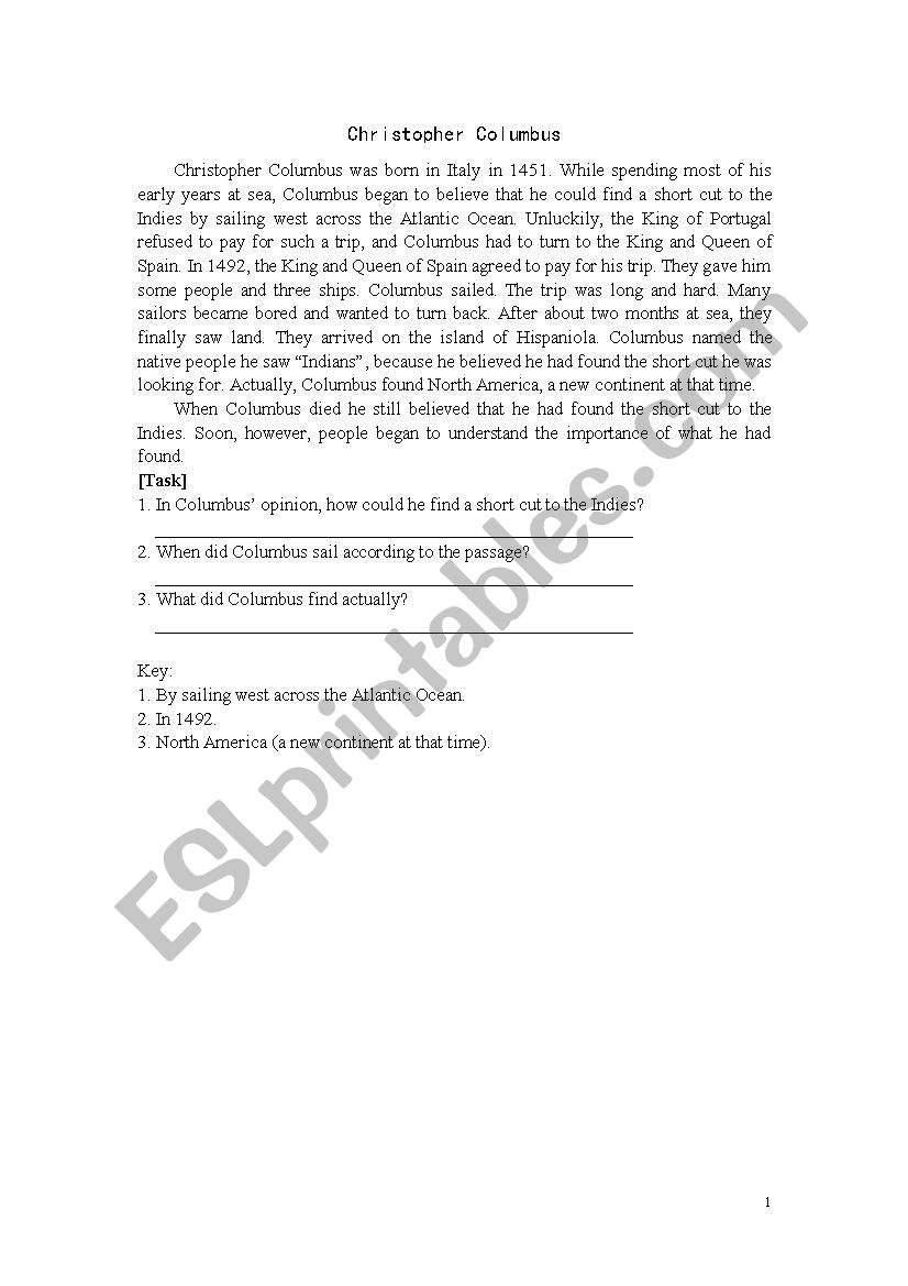 Christopher Columbus worksheet