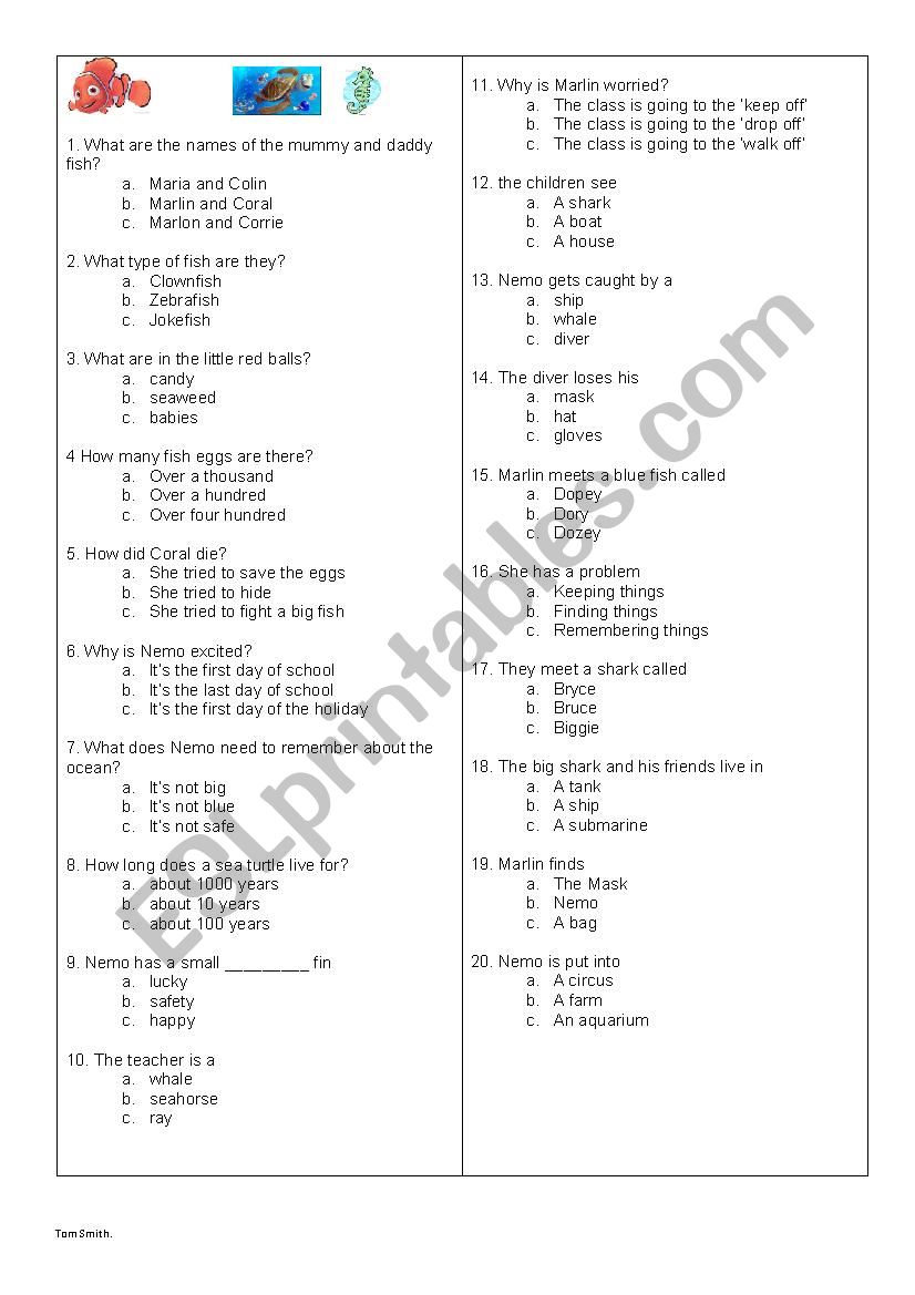 Finding Nemo worksheet