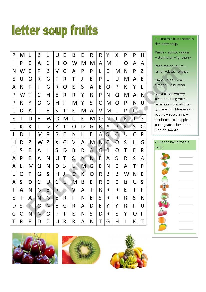 LETTER SOUP FRUITS WITH KEYS worksheet