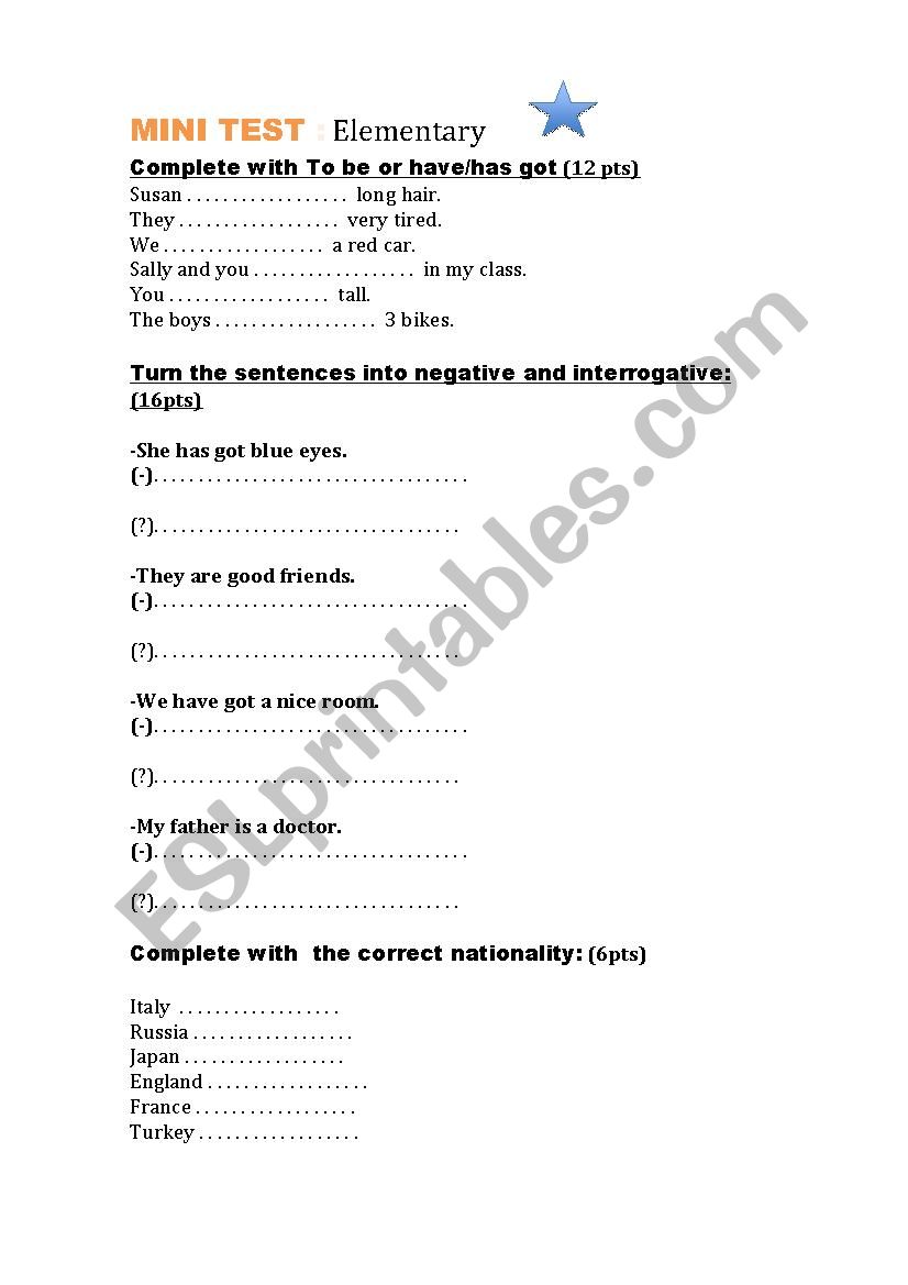 MINI Test (elementary) worksheet
