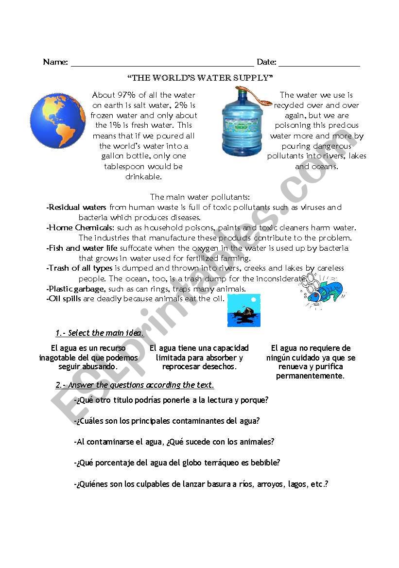THE WORLDS WATER SUPPLY worksheet