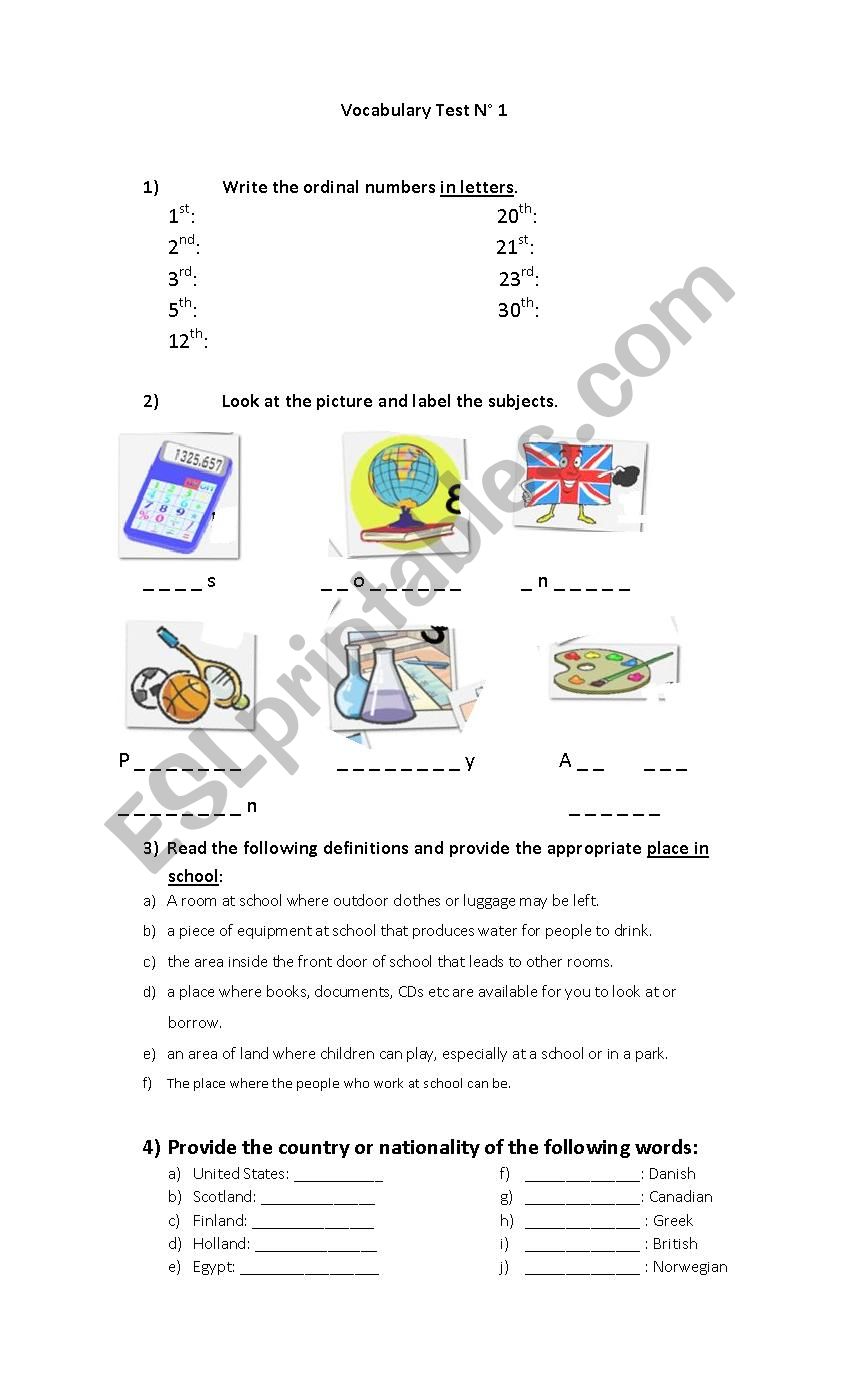 vocabulary test worksheet