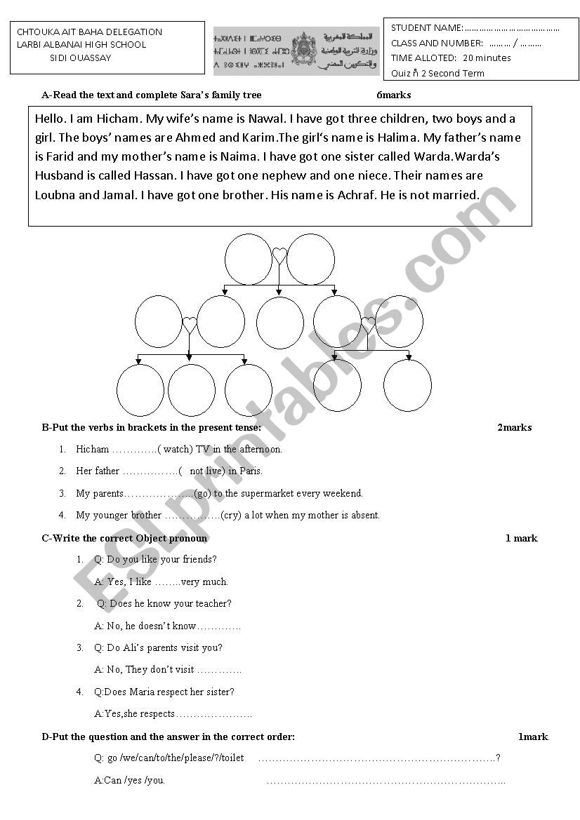 Test on family 2 worksheet