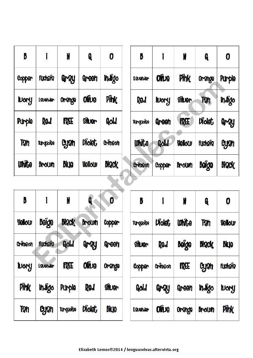 Colours Bingo Cards -Part 1 worksheet