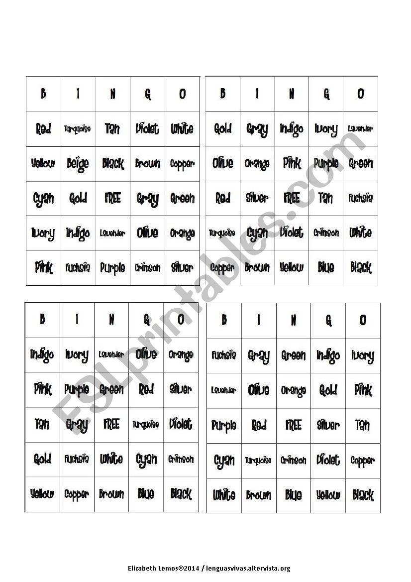 Colours Bingo Cards (part 2) worksheet