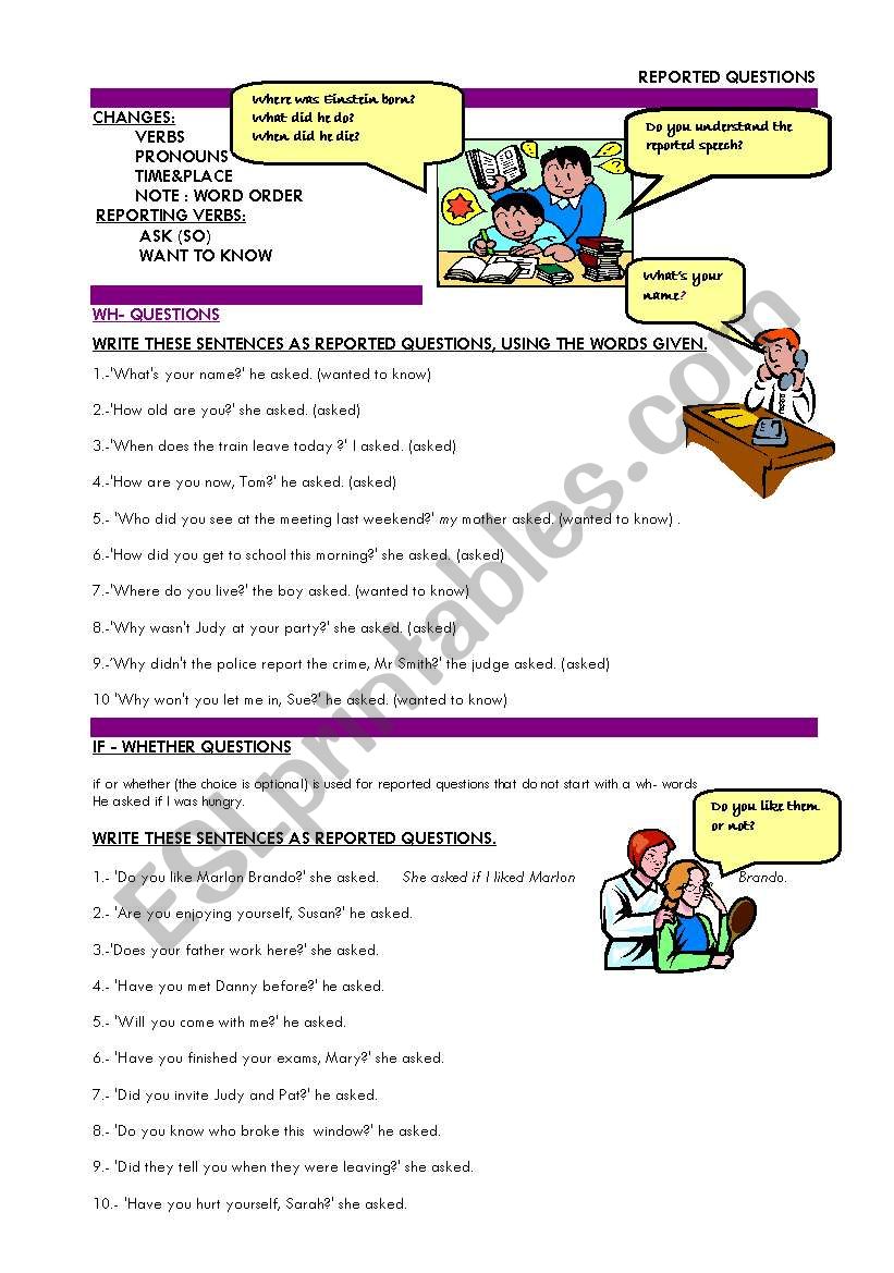 reported speech questions worksheet