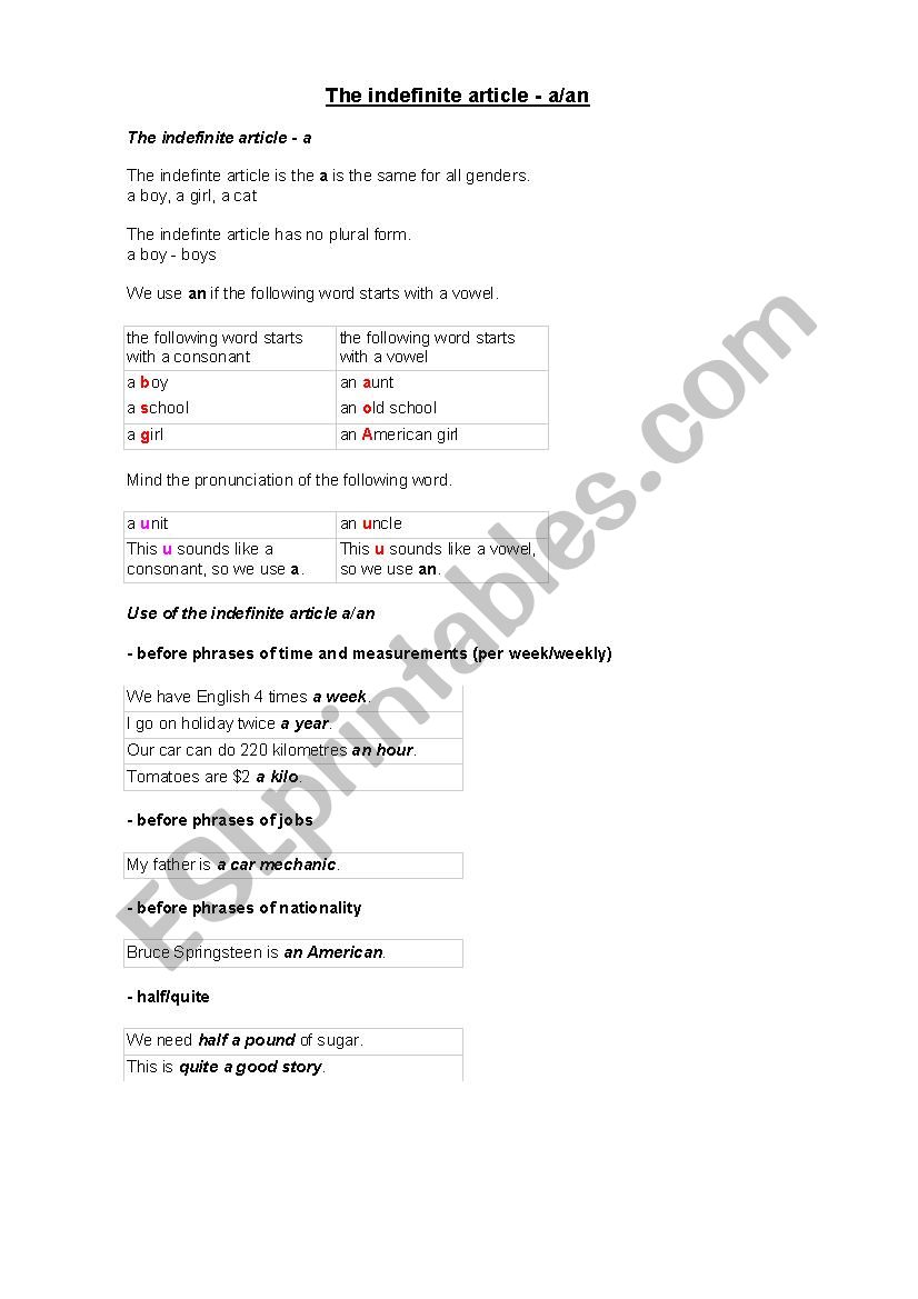 Articles  worksheet