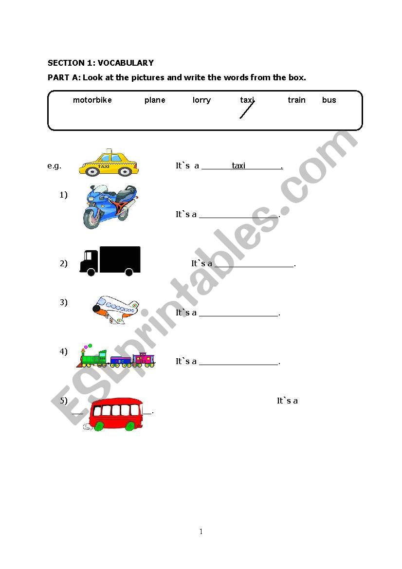 vehicles worksheet