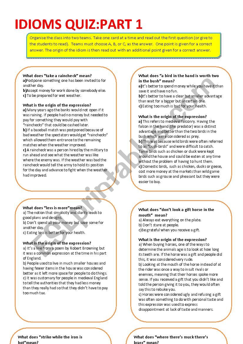 Idioms Quiz: Part 1 worksheet