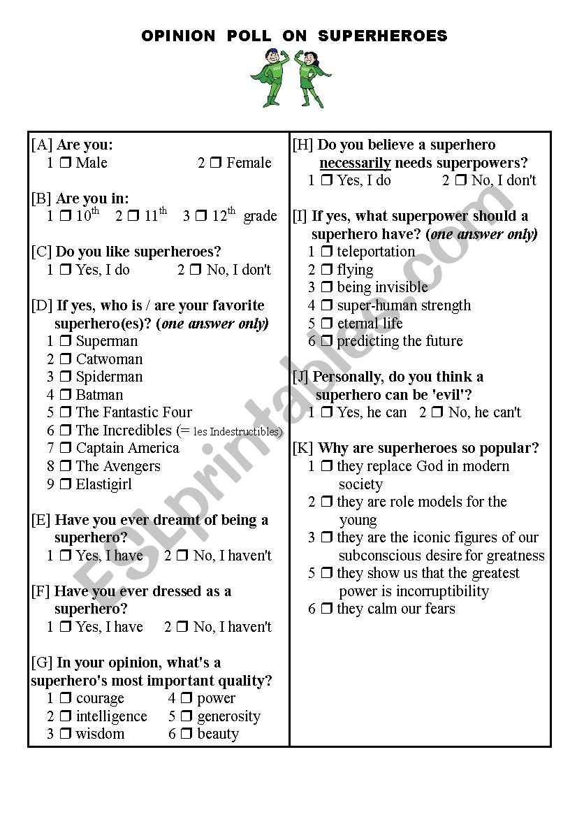 Opinion Poll On Superheroes worksheet