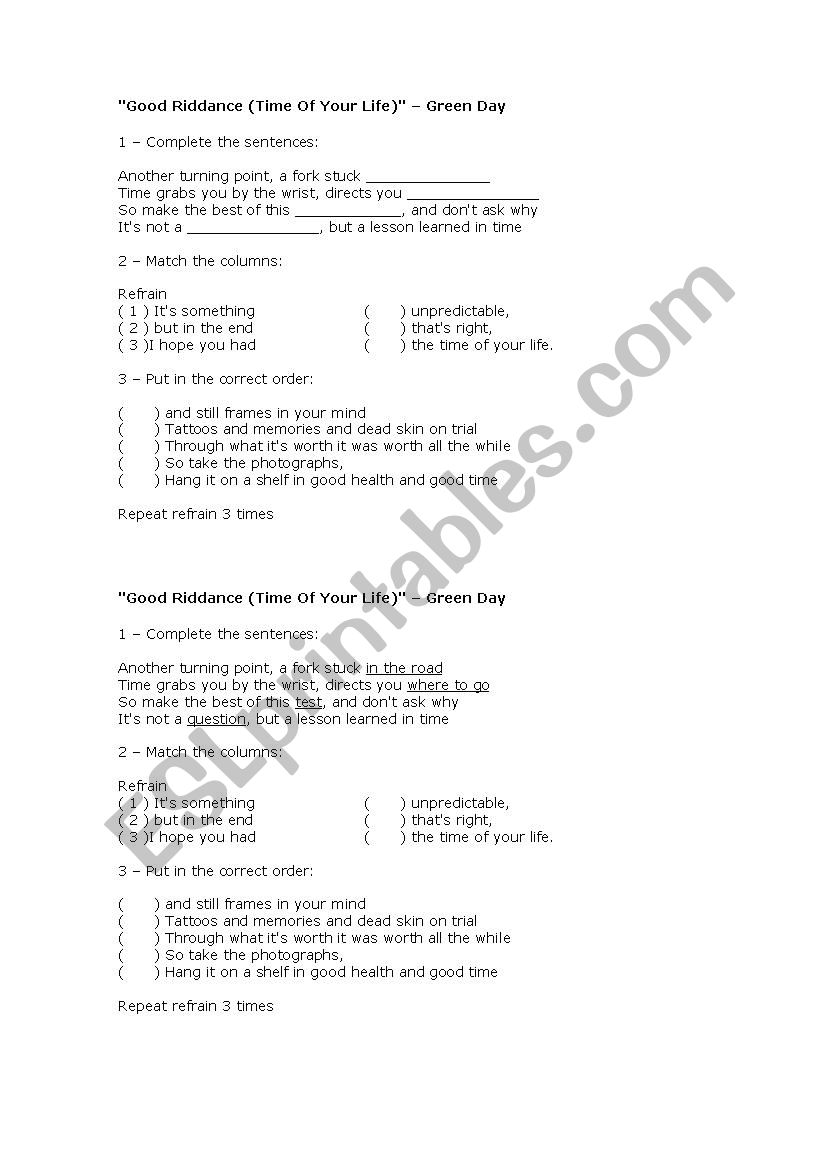 Song Worksheet - Time of Your Life/Green Day