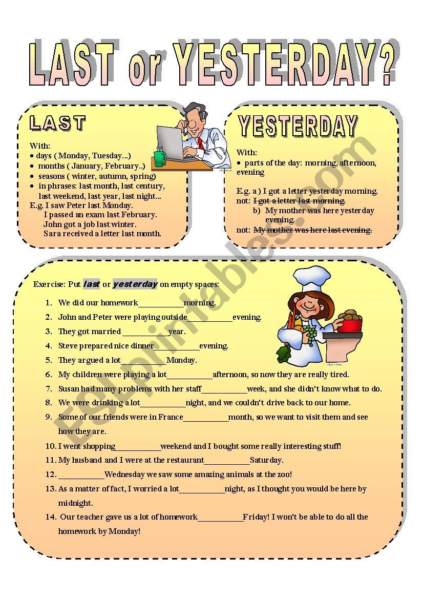 Last or Yesterday worksheet