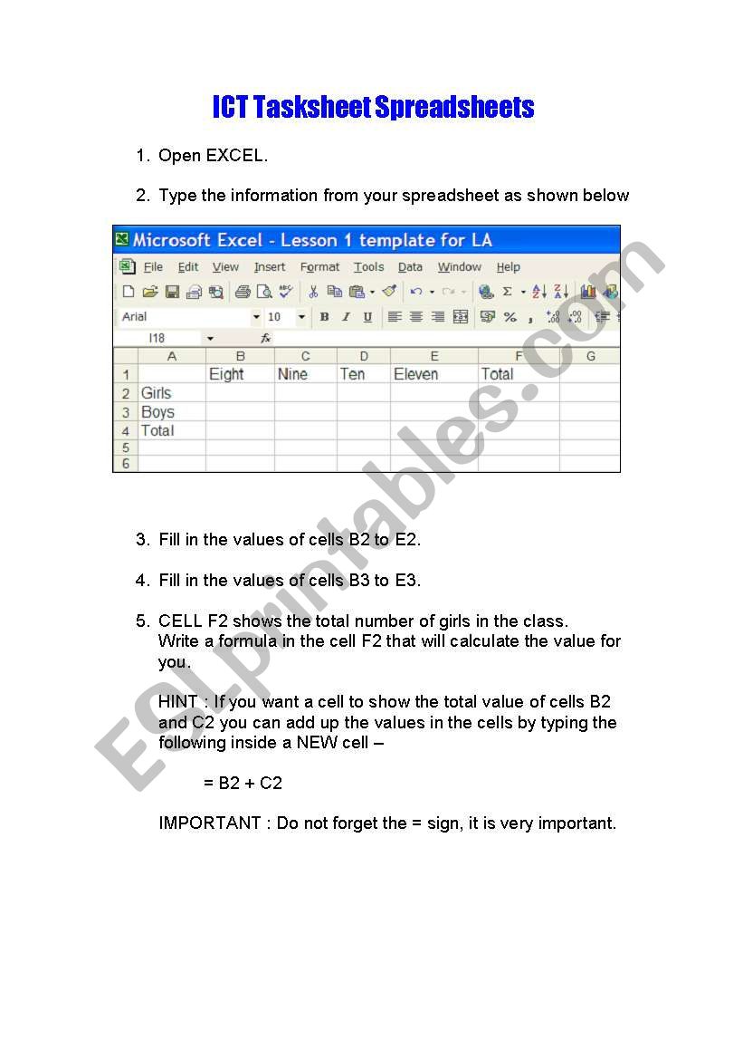 ICT Introudction to spreadsheets Worksheet KS2