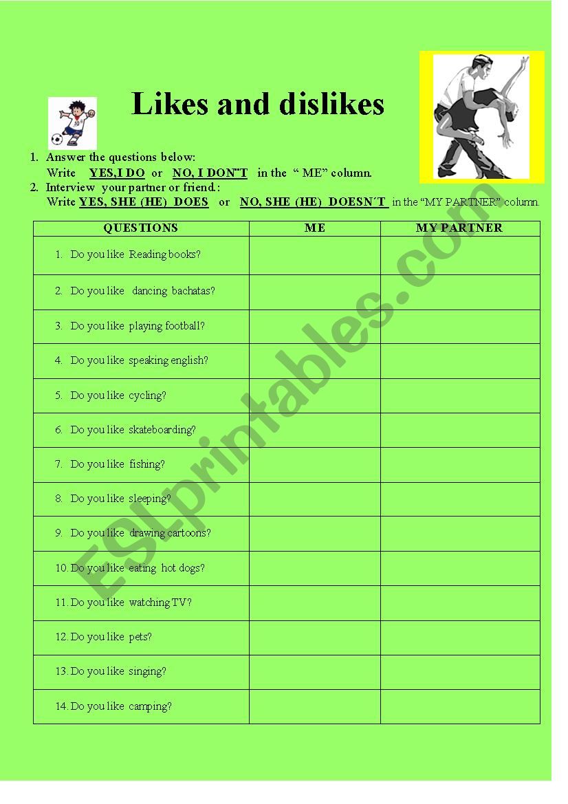 Likes and  dislikes worksheet