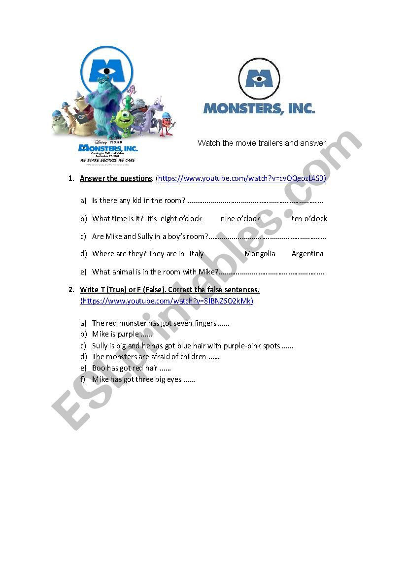 Monsters Inc worksheet