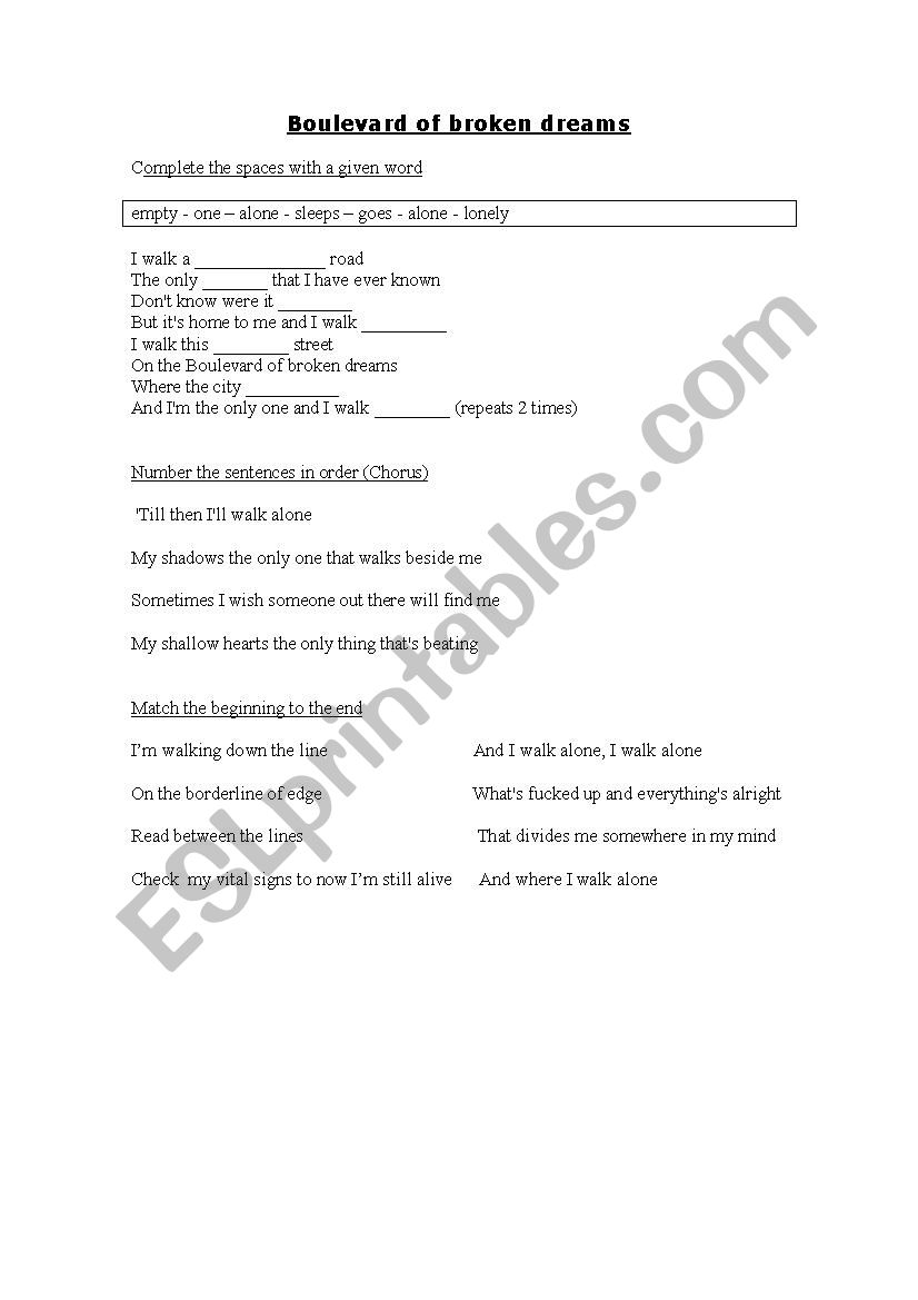 Boulevard of broken dreams worksheet